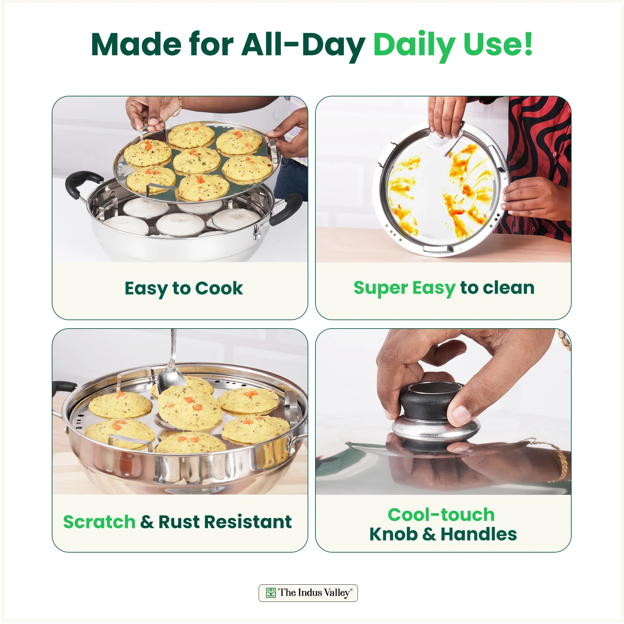 The Indus Valley Stainless Steel Idli Maker/Momo Maker/Multi Kadai/Steamer Set | Large, 5 Plates, 2 Idli | 2 Dhokla | 1 Steamer | 29cm/11.3 inch, 4.2Ltr, 2.5kg | 3-Layer Thick Bottom | Induction friendly - image 4