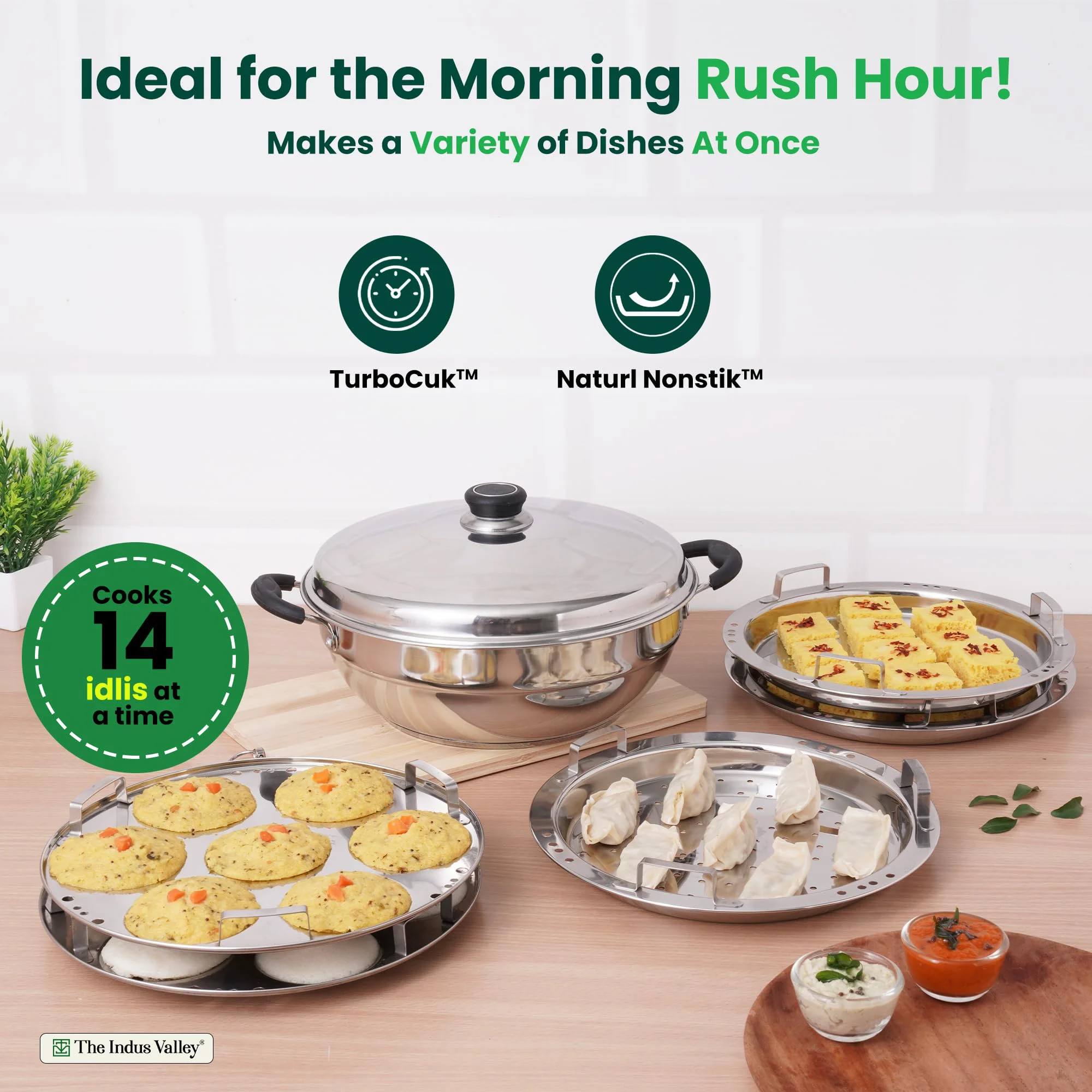 The Indus Valley Stainless Steel Idli Maker/Momo Maker/Multi Kadai/Steamer Set | Large, 5 Plates, 2 Idli | 2 Dhokla | 1 Steamer | 29cm/11.3 inch, 4.2Ltr, 2.5kg | 3-Layer Thick Bottom | Induction friendly - image 5
