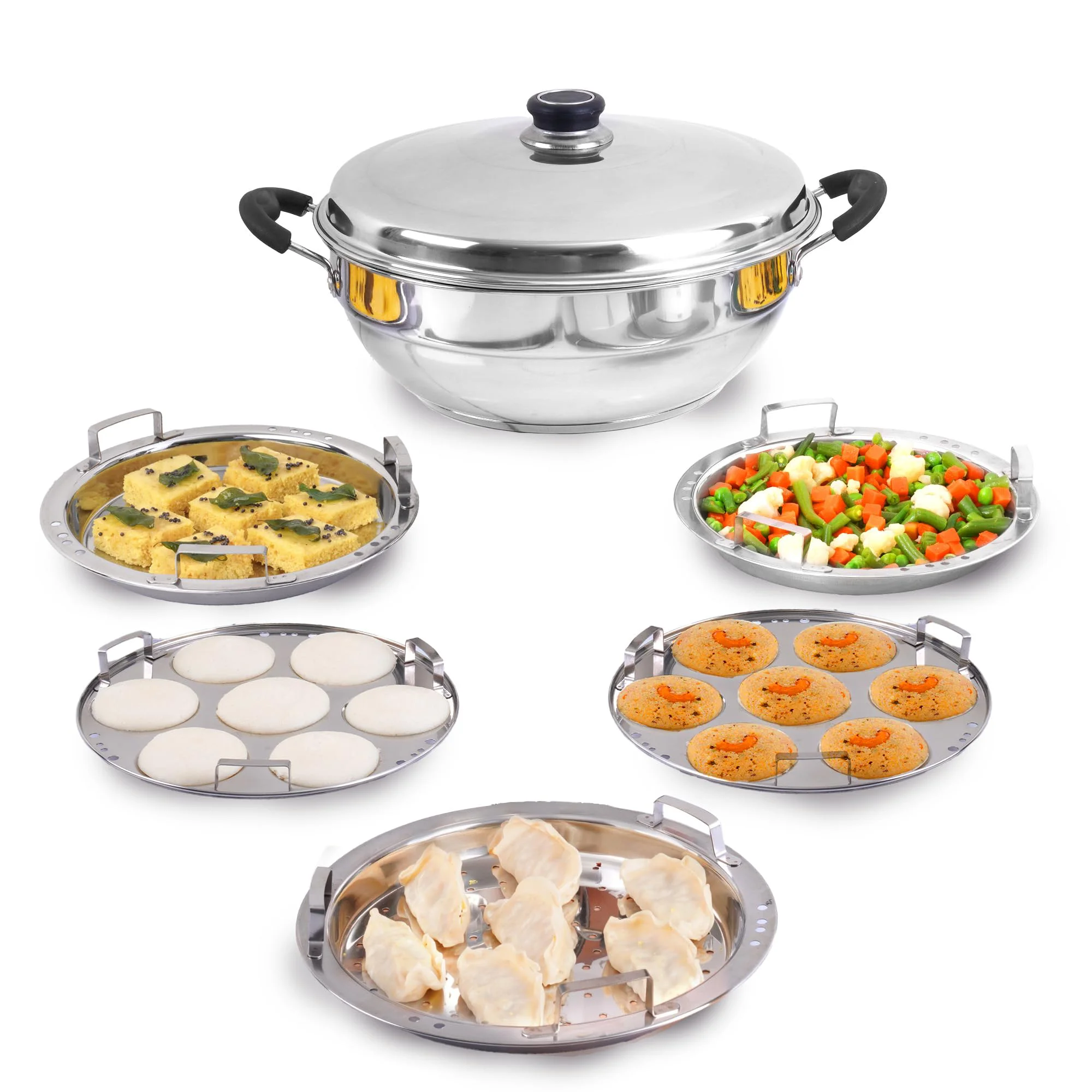 The Indus Valley Stainless Steel Idli Maker/Momo Maker/Multi Kadai/Steamer Set | Large, 5 Plates, 2 Idli | 2 Dhokla | 1 Steamer | 29cm/11.3 inch, 4.2Ltr, 2.5kg | 3-Layer Thick Bottom | Induction friendly - image 1