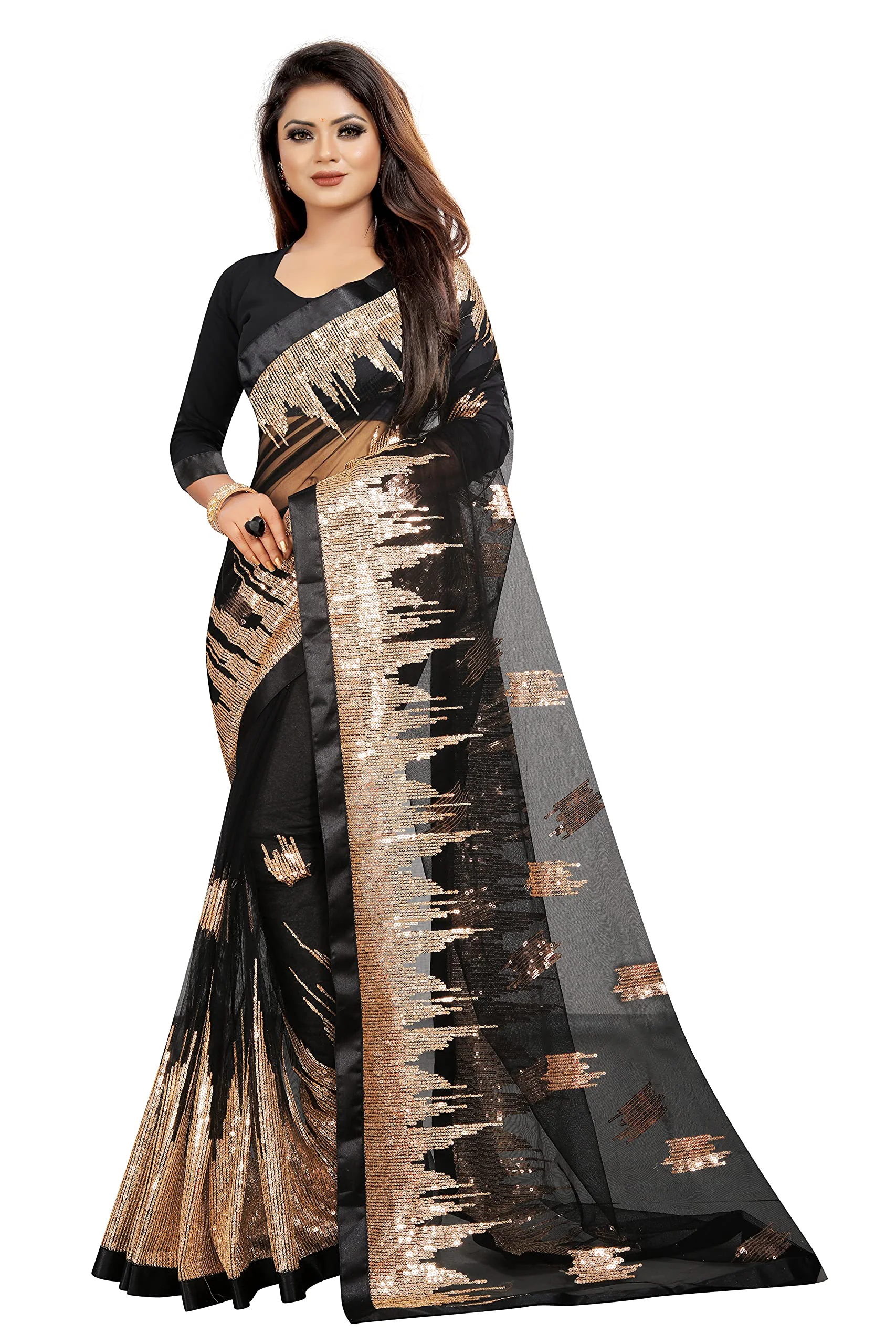 Vastraani Women's Sequined Woven Net Saree with Blouse Piece (Black, Free Size) - image 2
