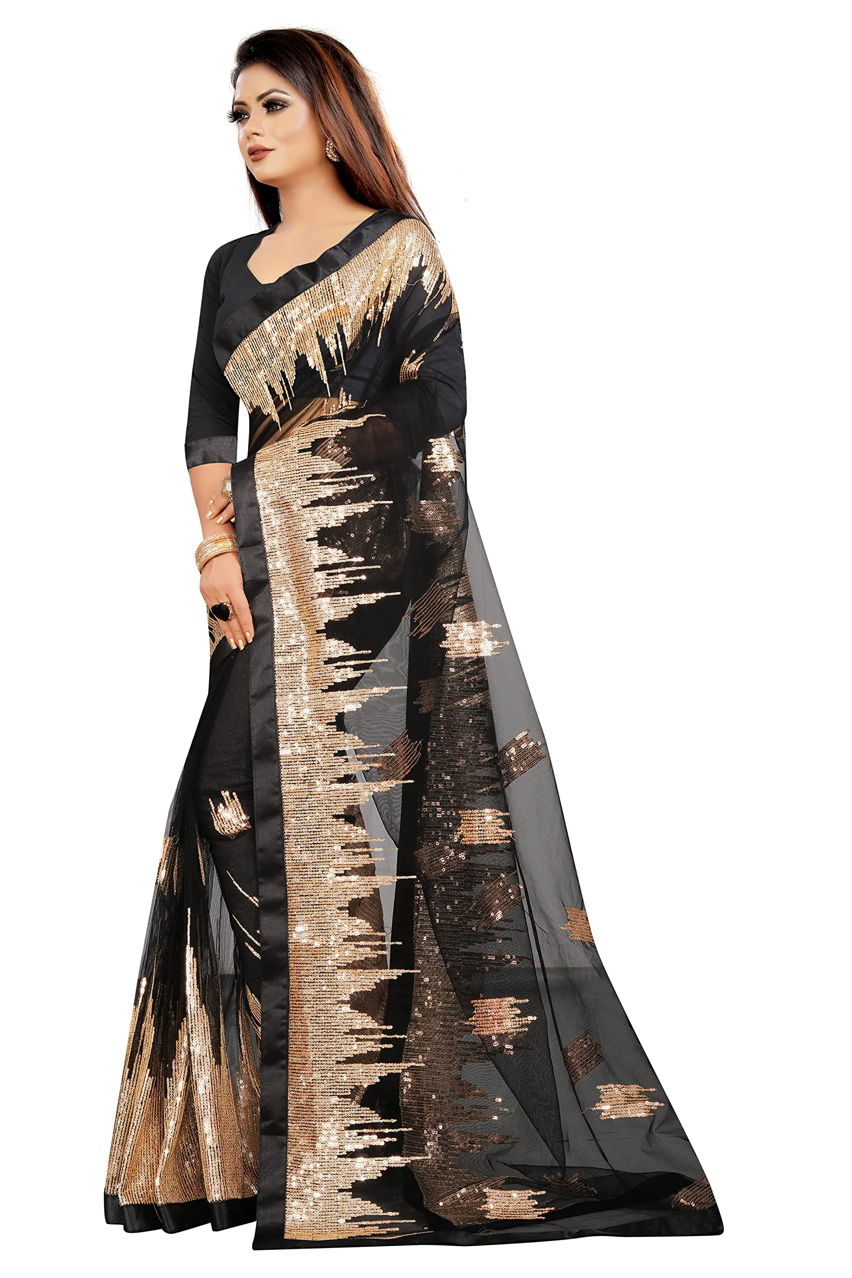 Vastraani Women's Sequined Woven Net Saree with Blouse Piece (Black, Free Size) - image 5