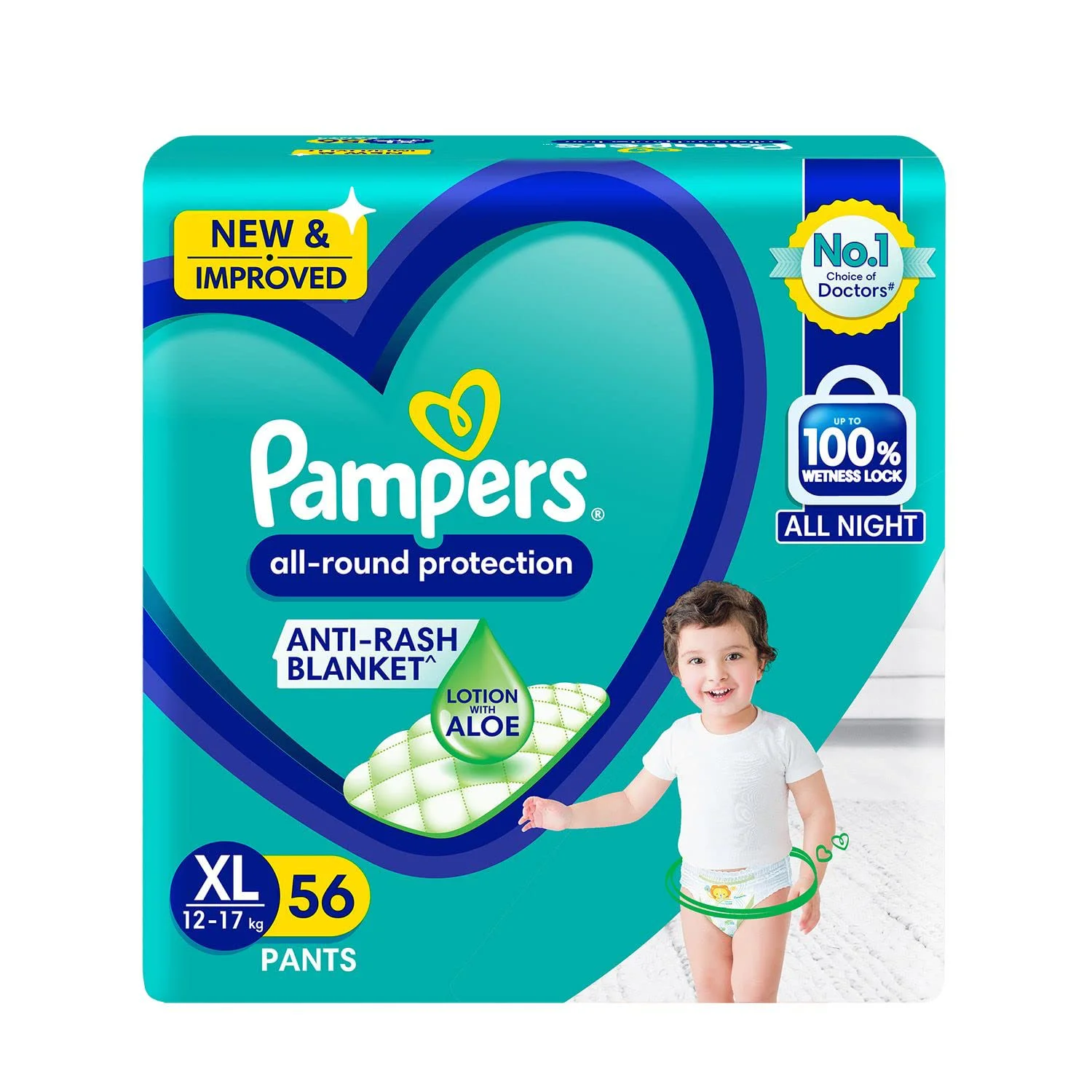 Pampers All round Protection Pants, Extra Large size baby Diapers, (12-17kg) 56 Count Lotion with Aloe Vera