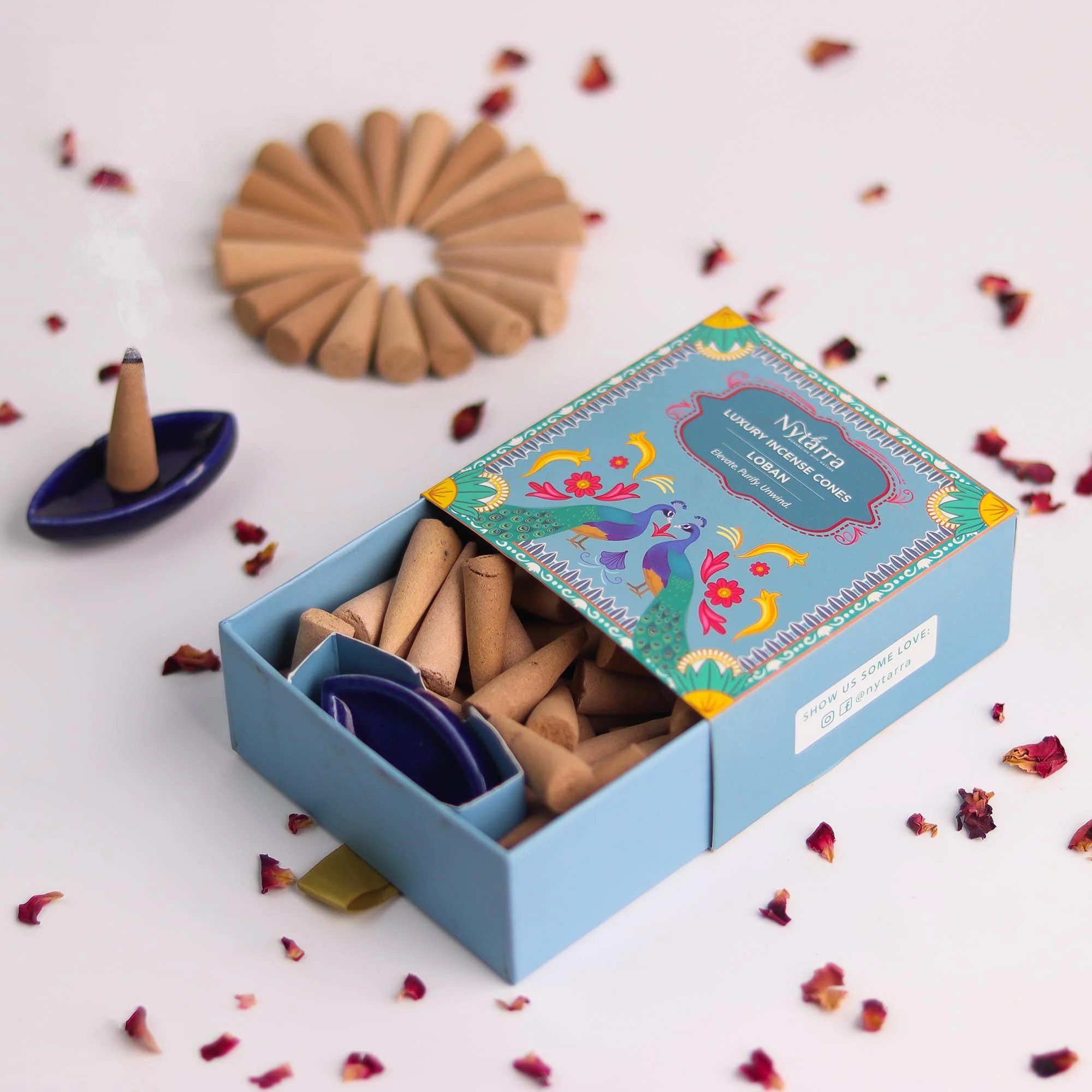 Nytarra's Loban Luxury Incense Cones | 40 pcs | Special Ceramic Holder | Dhoop Cones for Fragrance | Dhoop Cones for Pooja, Home, Office, Aromatherapy & Meditation