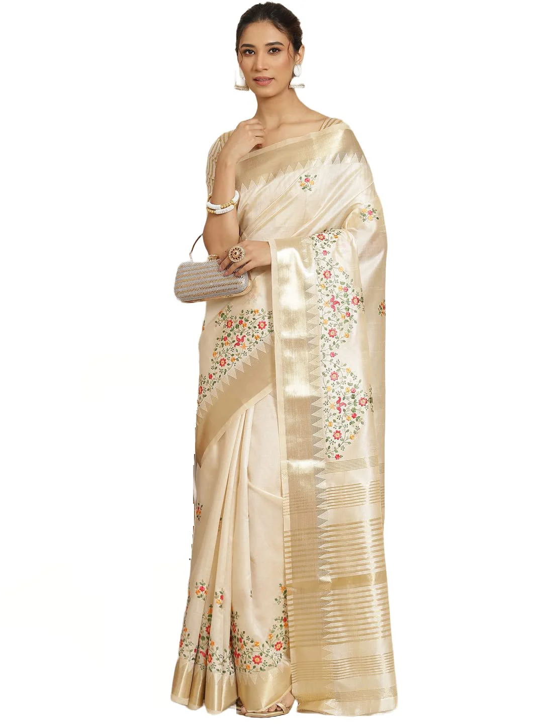 arriva fab Women's Kasavu Cotton Blend Saree With Blouse Piece (Riva1698__White)