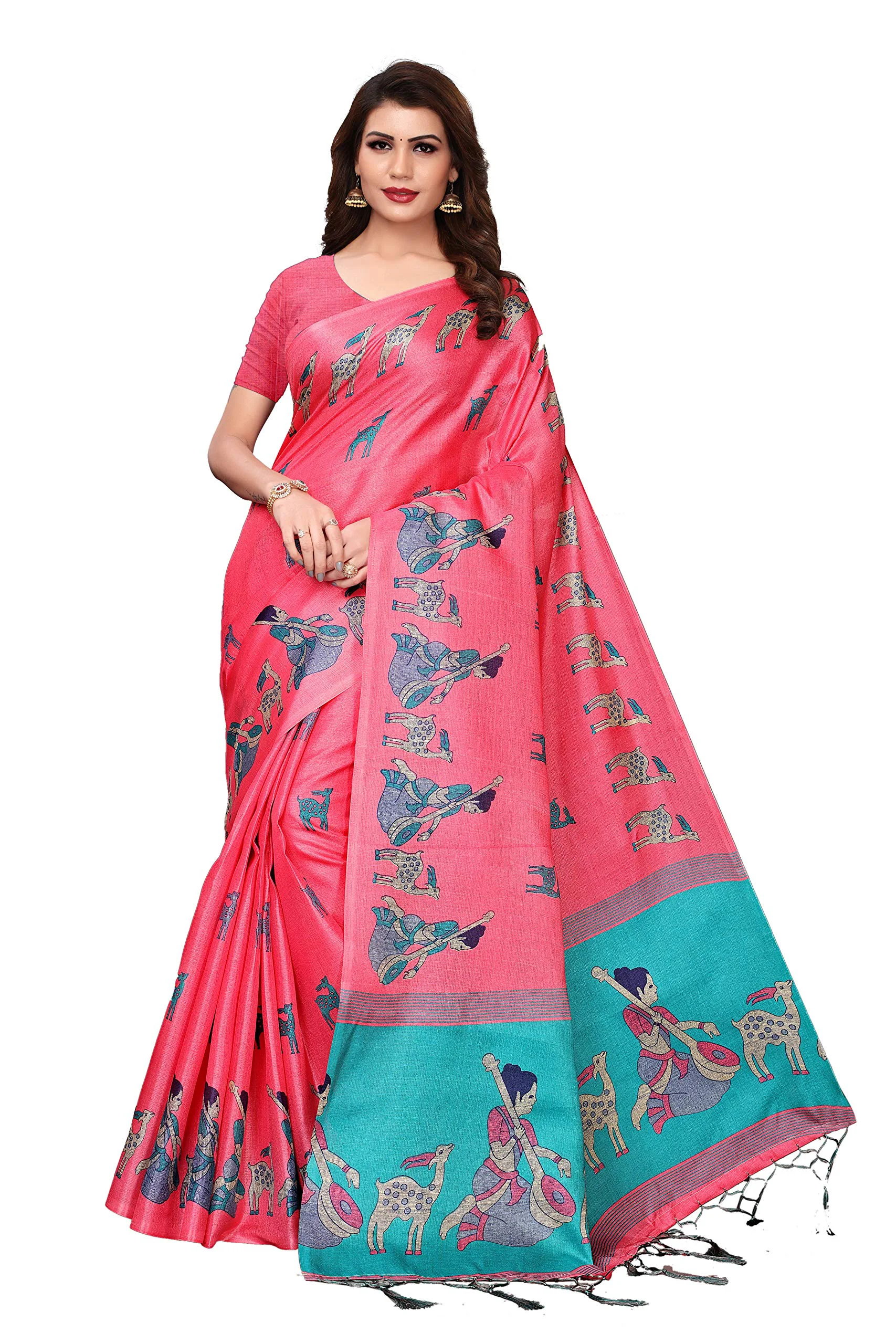 GoSriKi Women's Pink Color Mysore Art Silk Printed Saree Border Tassels With Blouse Piece(MAITHALI PINK_Free Size)