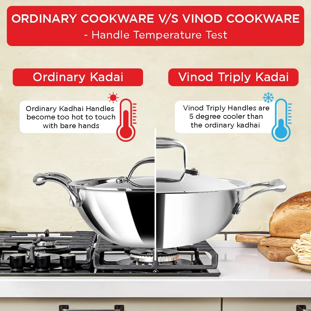 Vinod D Platinum Triply Stainless Steel Kadai with Stainless Steel Lid 2.5 litres Capacity (24 cm Diameter) - image 3