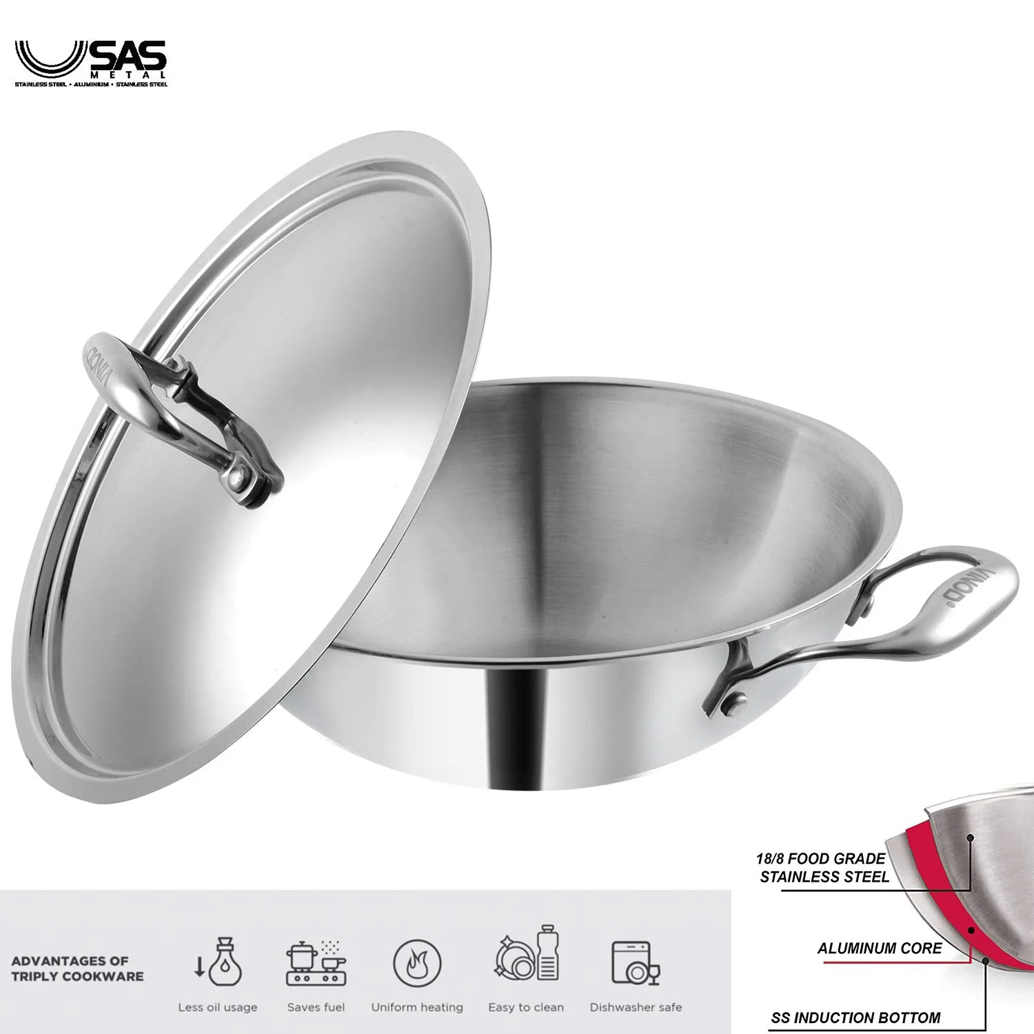 Vinod D Platinum Triply Stainless Steel Kadai with Stainless Steel Lid 2.5 litres Capacity (24 cm Diameter) - image 5