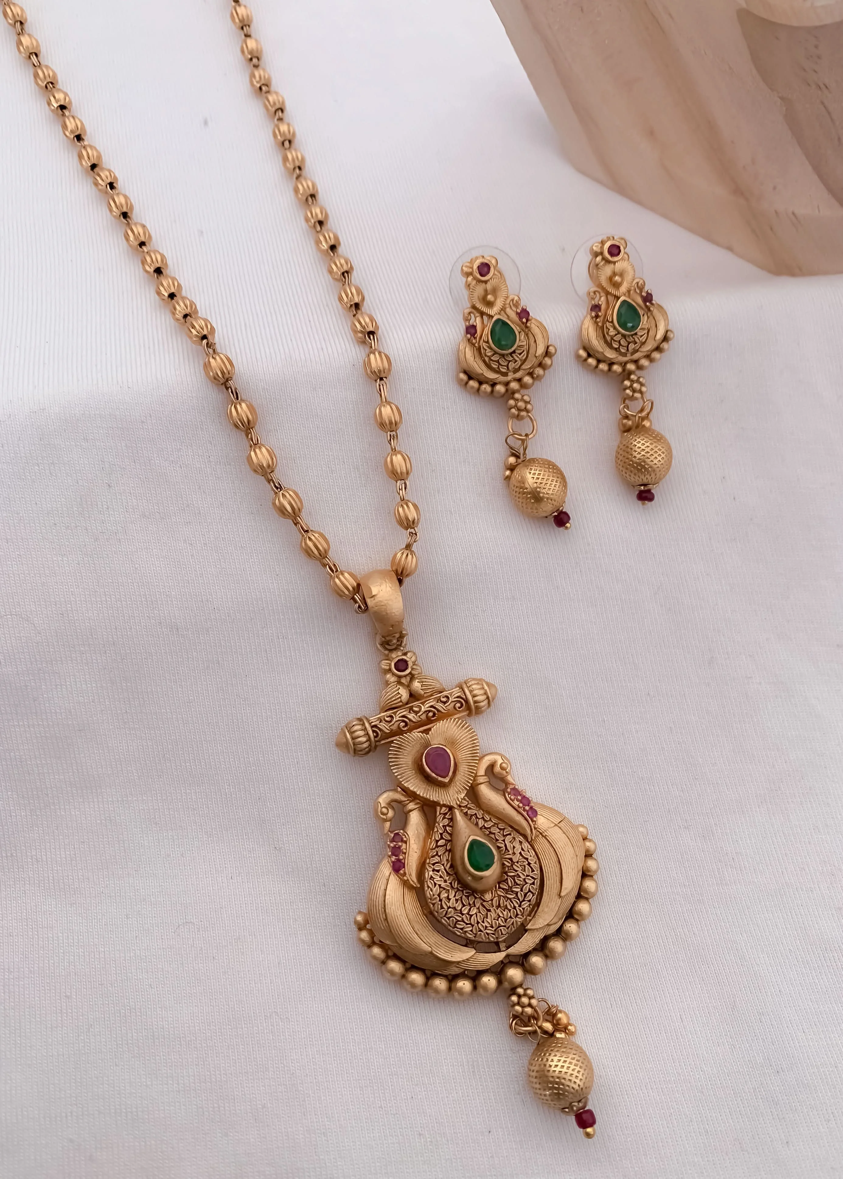 Antique Gold Temple Design Mangalsutra Necklace Set with Drop Earrings