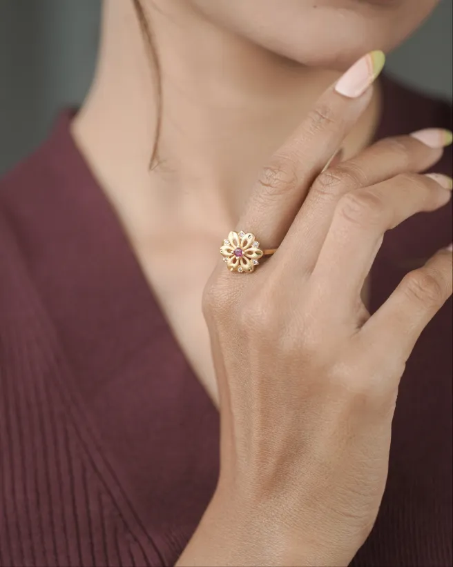 American Diamond Gold Ruby Fancy Adjustable Ring