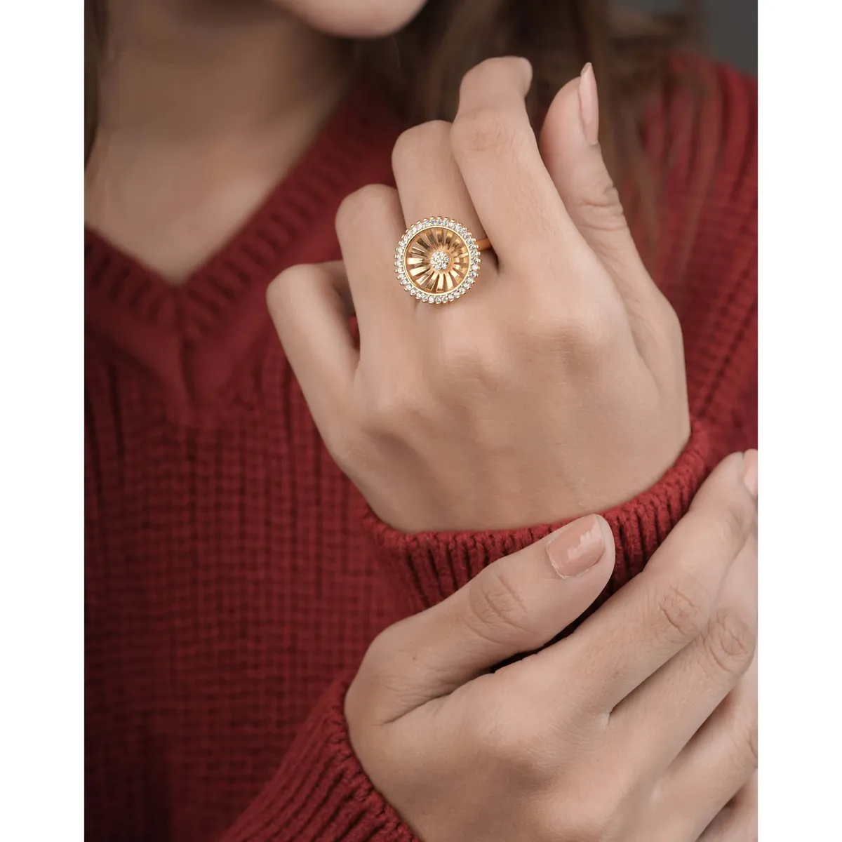 American Diamond high gold fancy round shape ring.