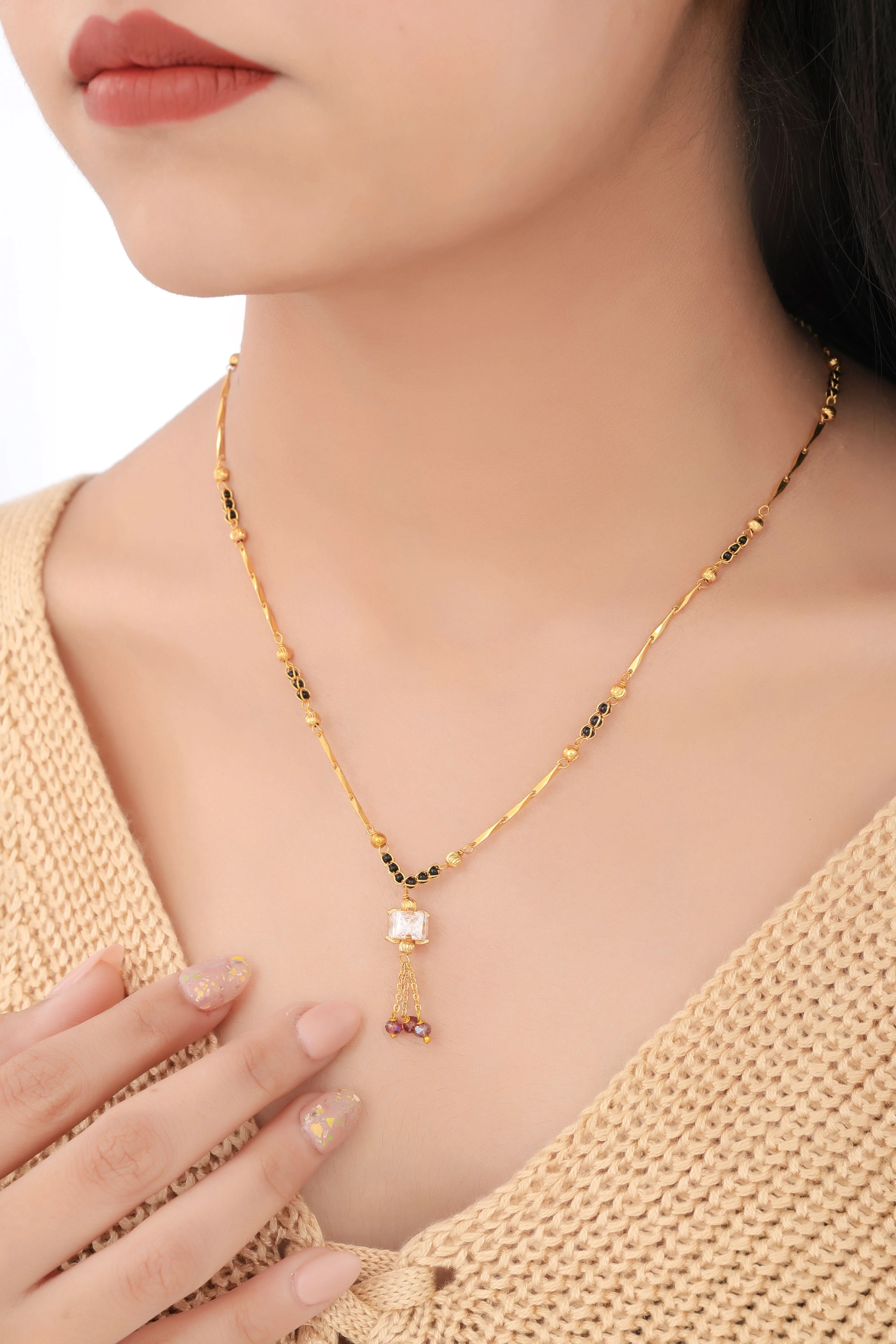 BUY 1 GET 1 FREE -  Square Crystal Drop Tassel Gold Chain Mangalsutra