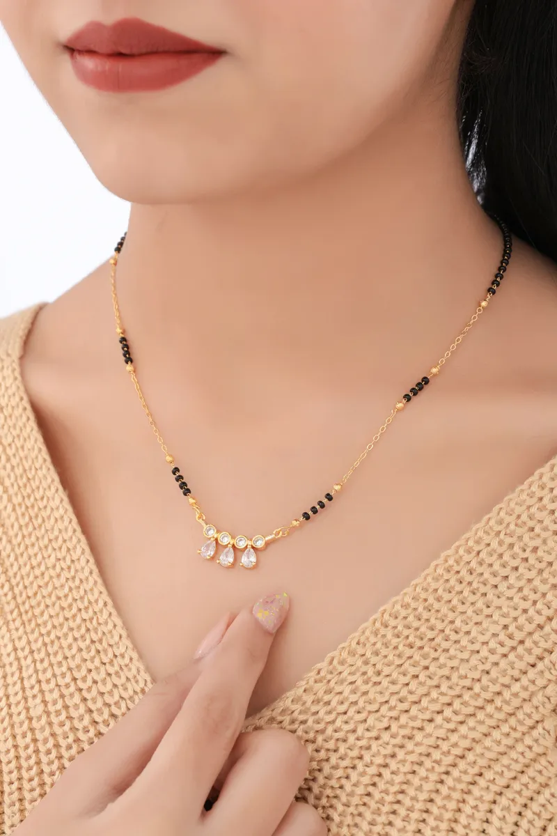 Buy 1 Get 1 Free -Trinity Drop CZ Mangalsutra | Gold Finish Black Beads Chain