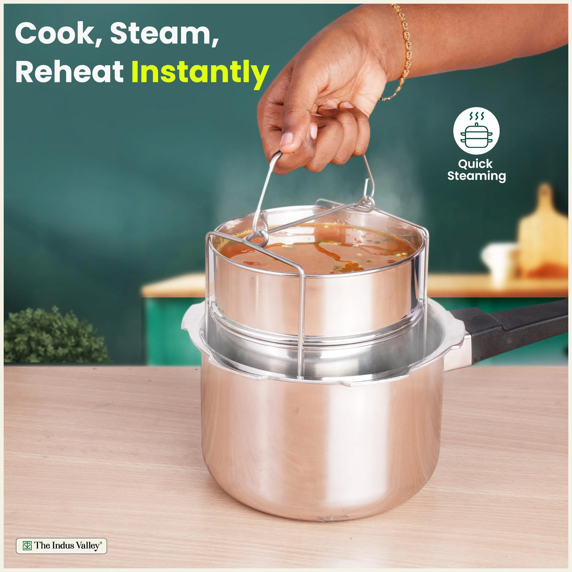 The Indus Valley Stainless Steel Separator Set for 3ltr Pressure Cooker | 5.5 inch, 1.9 ltr, 2-Tier | 100% Toxin Free, No Chemical coating - image 3
