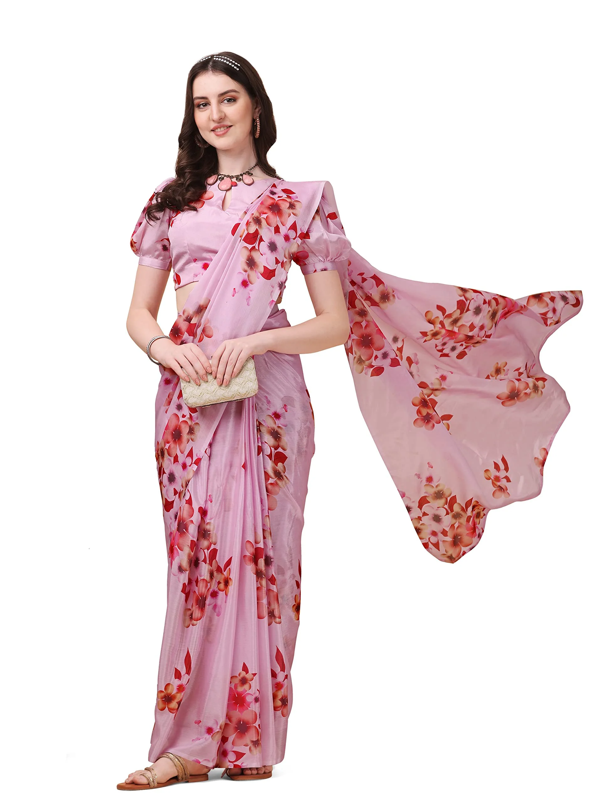 Sidhidata Women's Chifon Georgette Printed Ready To Wear Draped Saree With Unstitched Blouse Piece (Mogra Pink_Pink_Free Size) - image 2
