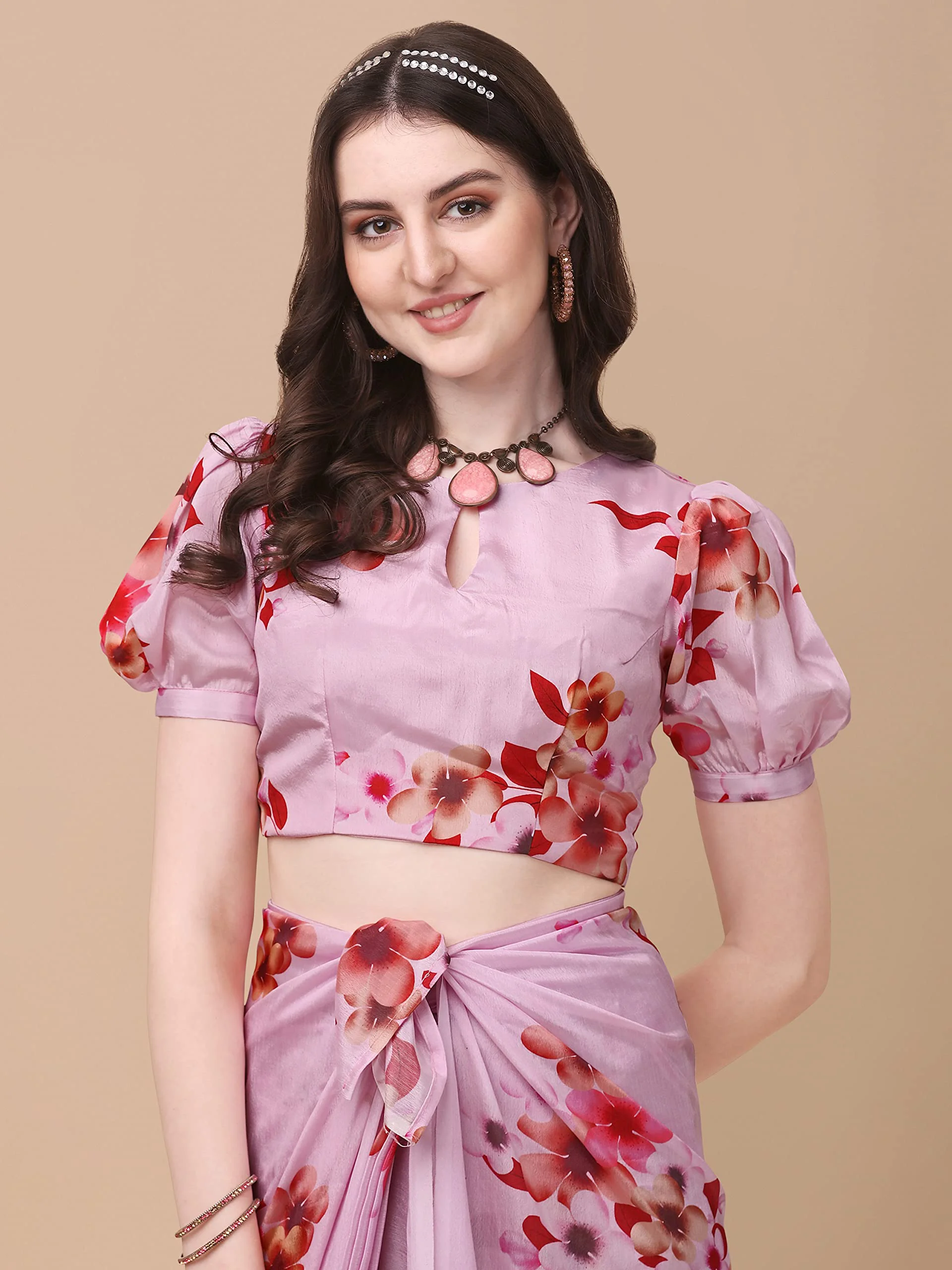 Sidhidata Women's Chifon Georgette Printed Ready To Wear Draped Saree With Unstitched Blouse Piece (Mogra Pink_Pink_Free Size) - image 3