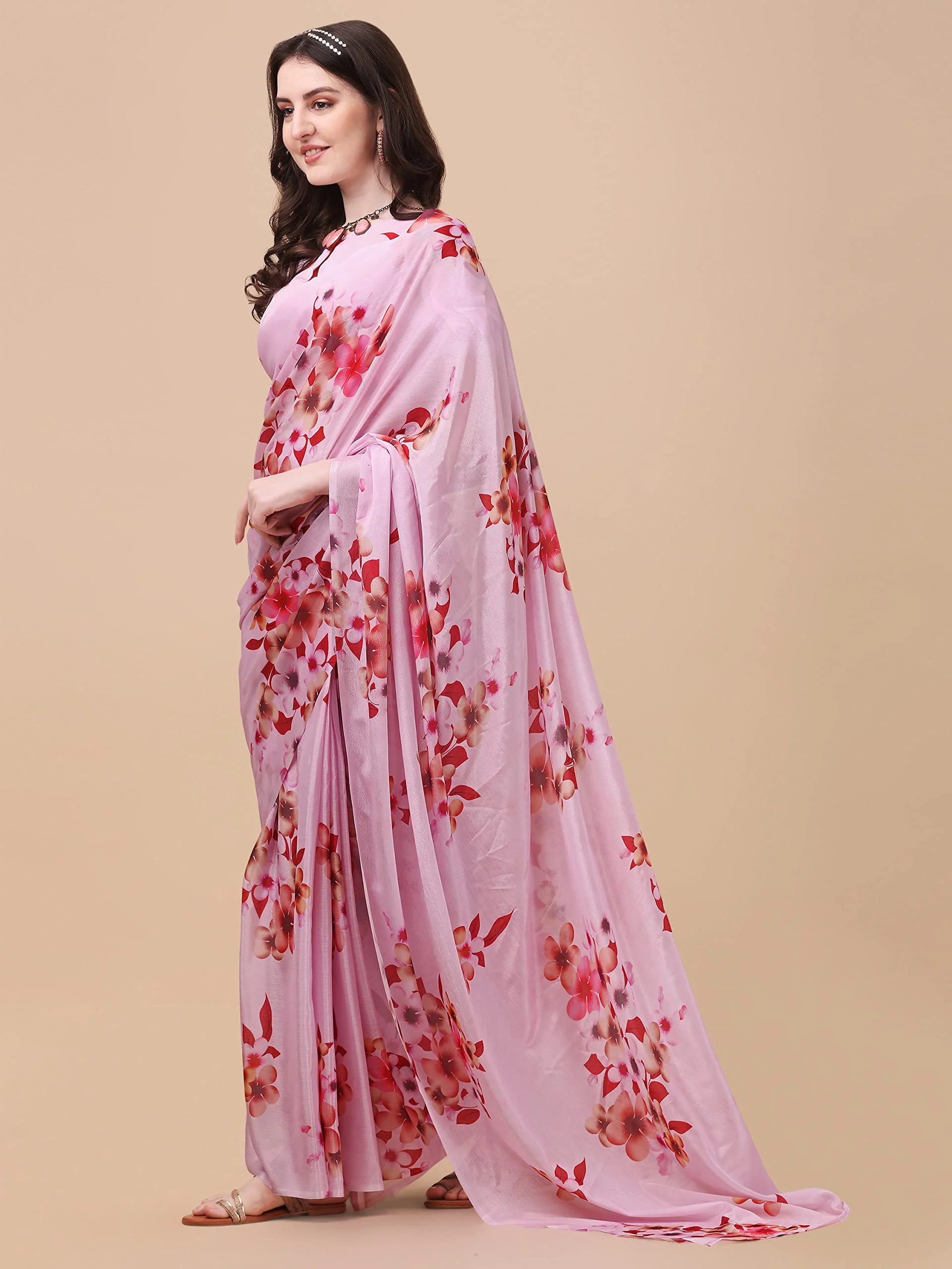 Sidhidata Women's Chifon Georgette Printed Ready To Wear Draped Saree With Unstitched Blouse Piece (Mogra Pink_Pink_Free Size) - image 5