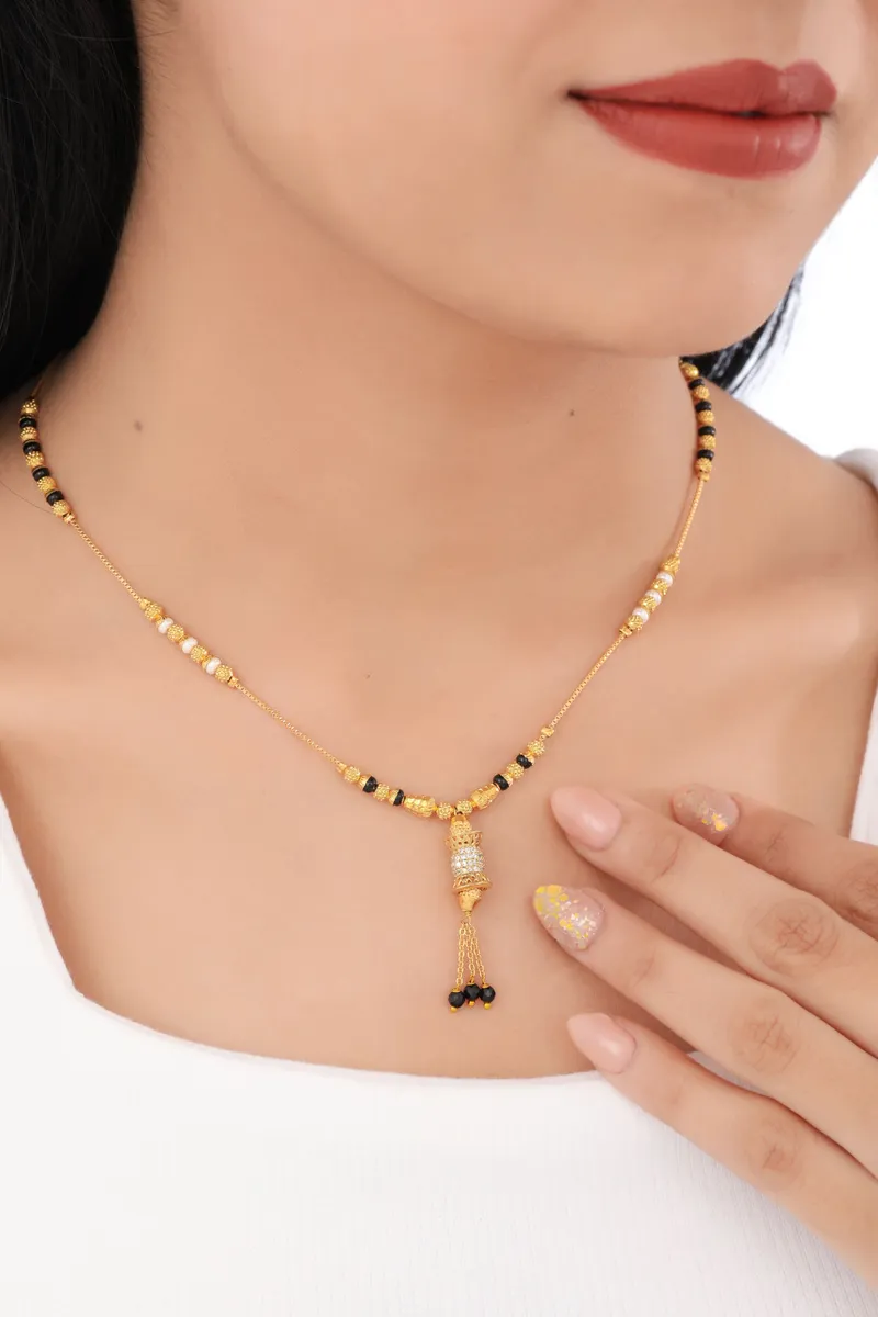 Buy 1 Get 1 Free -Traditional Gold Plated Mangalsutra with Black Beads & Stone Pendant