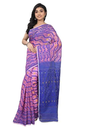 OISHANI SAREE GHOR Women's Traditional Bengal Cotton Resham Nakshi Design Jamdani Saree (Pink Blue)