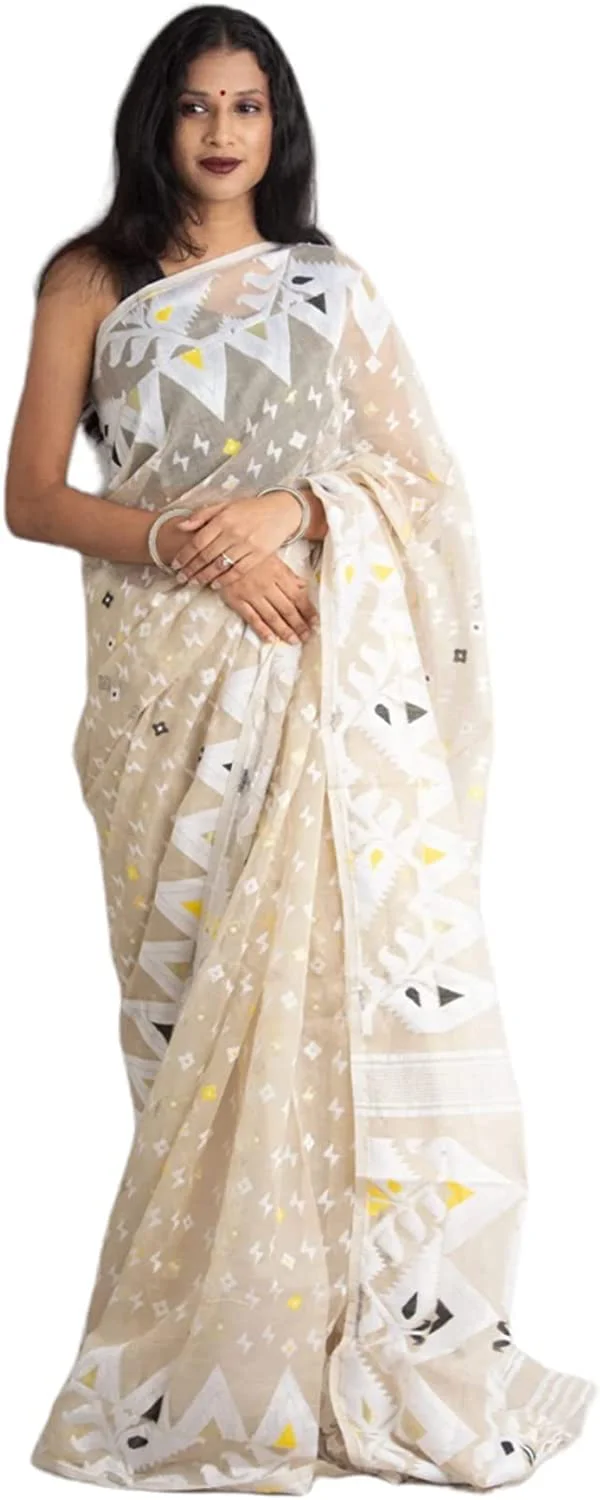 Moumita's Saree Women's Traditional Bengal Cotton Silk Soft Jamdani Saree (White)