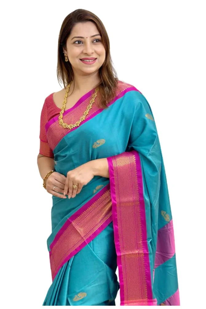 SGF11 Women's Kanjivaram Soft Lichi Silk Saree With Blouse Piece (Light Blue Pink) - image 2