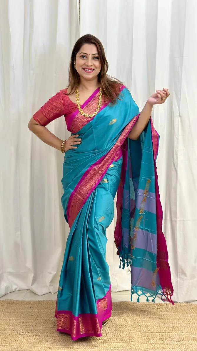 SGF11 Women's Kanjivaram Soft Lichi Silk Saree With Blouse Piece (Light Blue Pink) - image 3