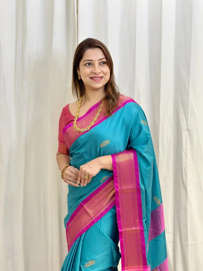 SGF11 Women's Kanjivaram Soft Lichi Silk Saree With Blouse Piece (Light Blue Pink) - image 4