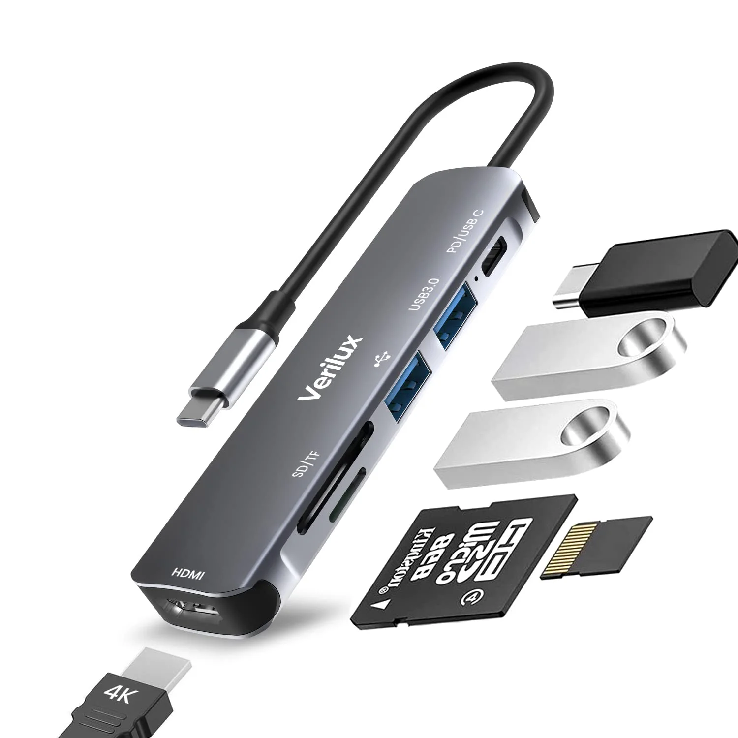 Verilux ® USB C Hub Multiport Adapter 6 in 1 Portable Aluminum USB Extender with 4K HDMI(30Hz), PD 87W, USB 3.0 Port, SD/Micro SD Card Reader, USB Type C Hub for MacBook Pro Air Type-C Devices