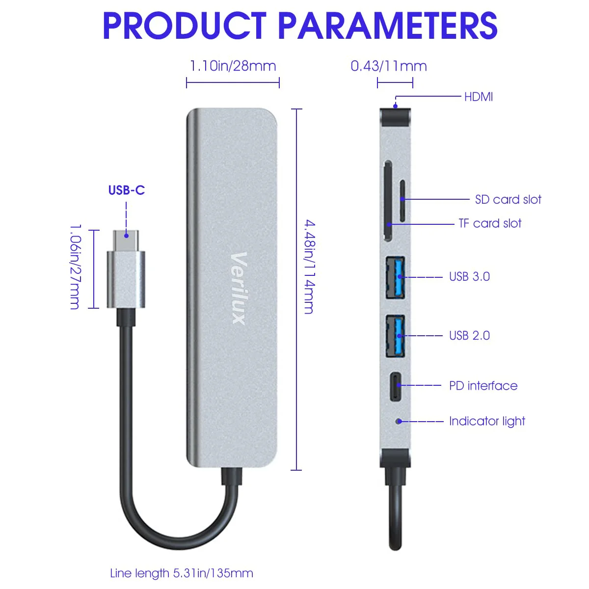 Verilux ® USB C Hub Multiport Adapter 6 in 1 Portable Aluminum USB Extender with 4K HDMI(30Hz), PD 87W, USB 3.0 Port, SD/Micro SD Card Reader, USB Type C Hub for MacBook Pro Air Type-C Devices - image 2