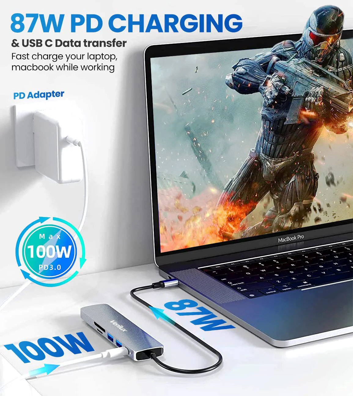 Verilux ® USB C Hub Multiport Adapter 6 in 1 Portable Aluminum USB Extender with 4K HDMI(30Hz), PD 87W, USB 3.0 Port, SD/Micro SD Card Reader, USB Type C Hub for MacBook Pro Air Type-C Devices - image 4