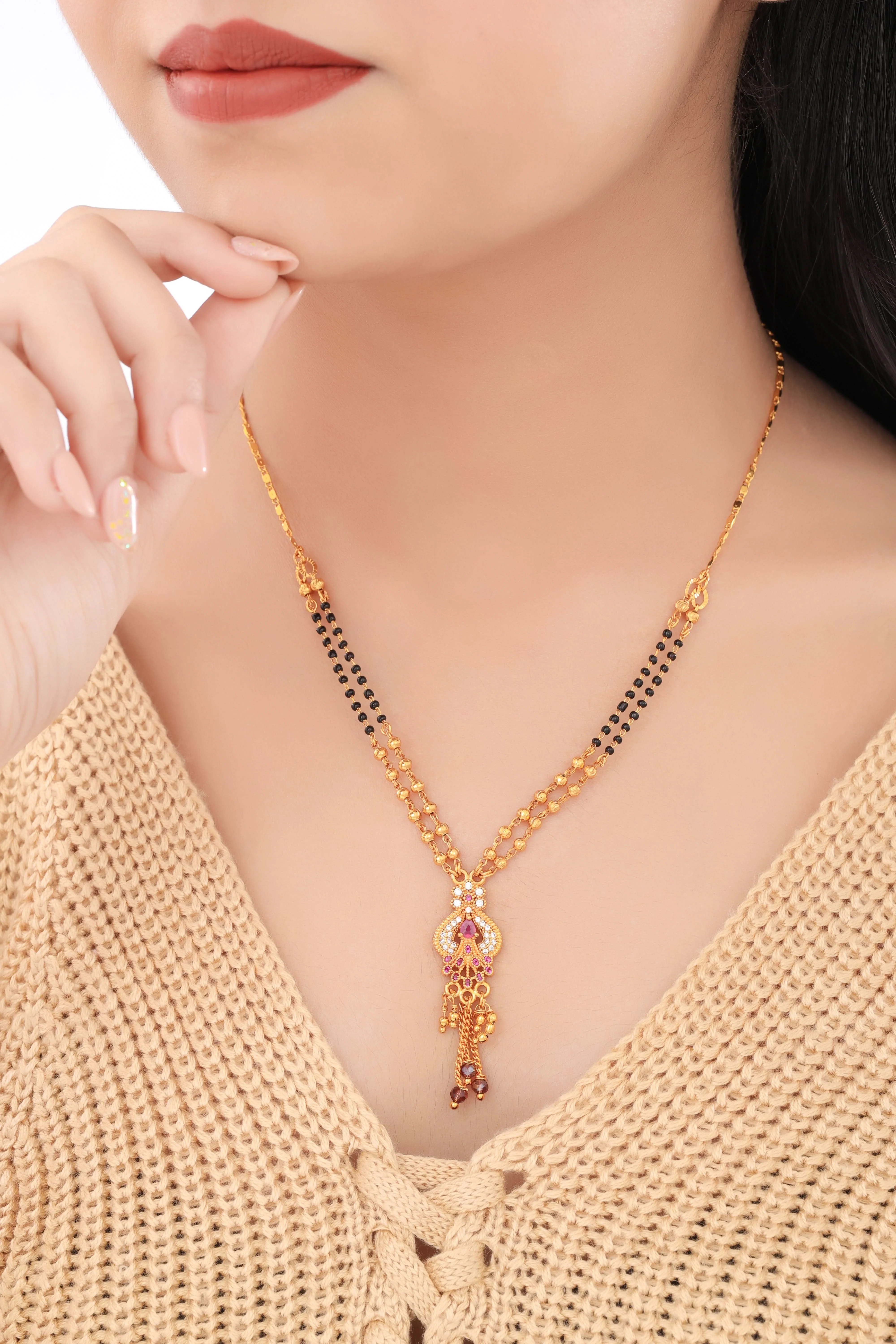 Buy 1 Get 1 Free - Traditional Dual-Line Black Beads Mangalsutra with Ruby CZ Drop Pendant