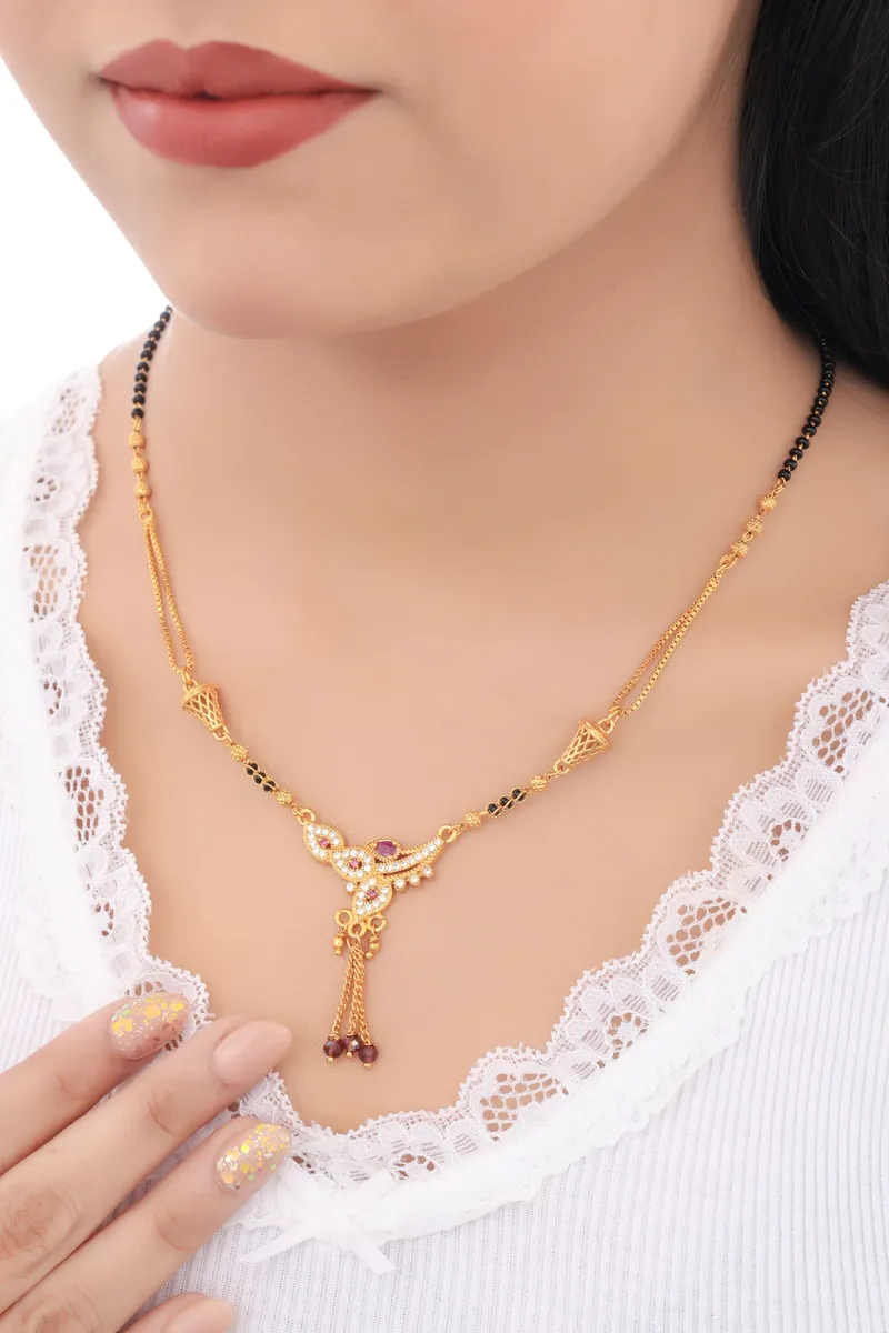 Buy 1 Get 1 Free - Designer CZ Floral Drop Mangalsutra with Black Beads