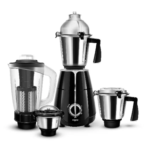 Wipro Elato FMG209 800 Watt Mixer Grinder with 4 Jars,Heavy Duty 100% Copper Ball Bearing Motor with 5 Year Warranty,Superfast Grinding,Clip Lids - Hands Free use, 4 Jars Mixer Grinder 800 Watt,Black - image 1