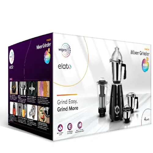 Wipro Elato FMG209 800 Watt Mixer Grinder with 4 Jars,Heavy Duty 100% Copper Ball Bearing Motor with 5 Year Warranty,Superfast Grinding,Clip Lids - Hands Free use, 4 Jars Mixer Grinder 800 Watt,Black - image 2