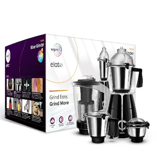 Wipro Elato FMG209 800 Watt Mixer Grinder with 4 Jars,Heavy Duty 100% Copper Ball Bearing Motor with 5 Year Warranty,Superfast Grinding,Clip Lids - Hands Free use, 4 Jars Mixer Grinder 800 Watt,Black - image 3