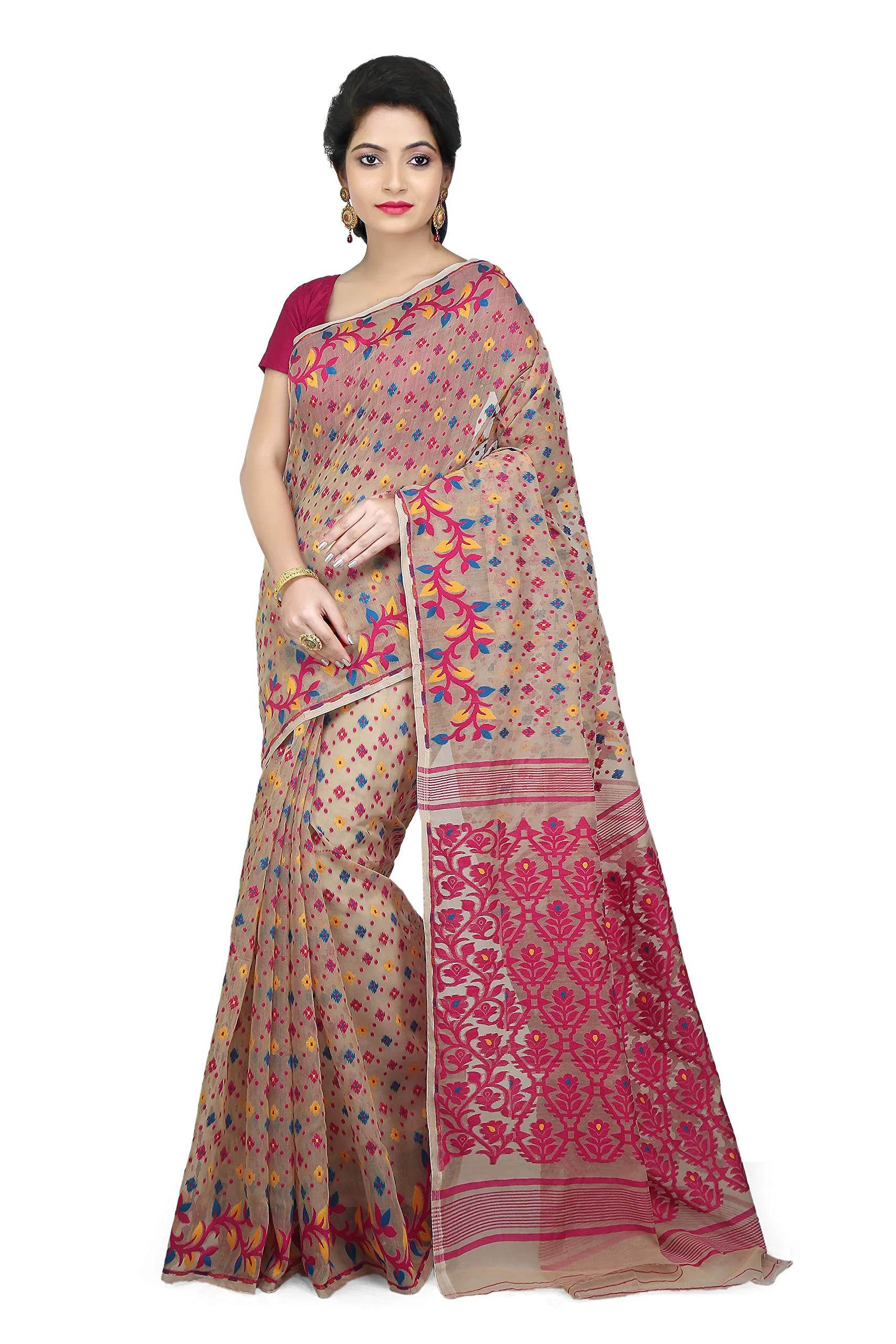 WoodenTant Women’s Dhakai Jamdani Soft Cotton Silk Saree In Beige & Pink With Thread Work - image 2