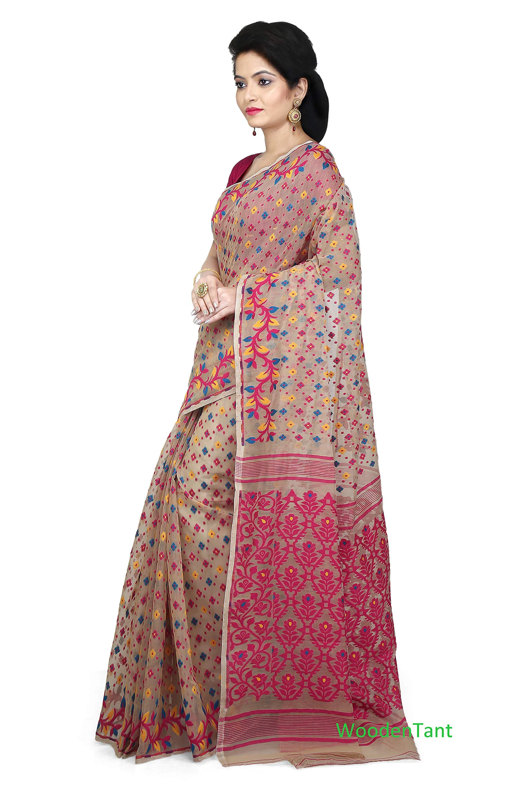 WoodenTant Women’s Dhakai Jamdani Soft Cotton Silk Saree In Beige & Pink With Thread Work - image 5