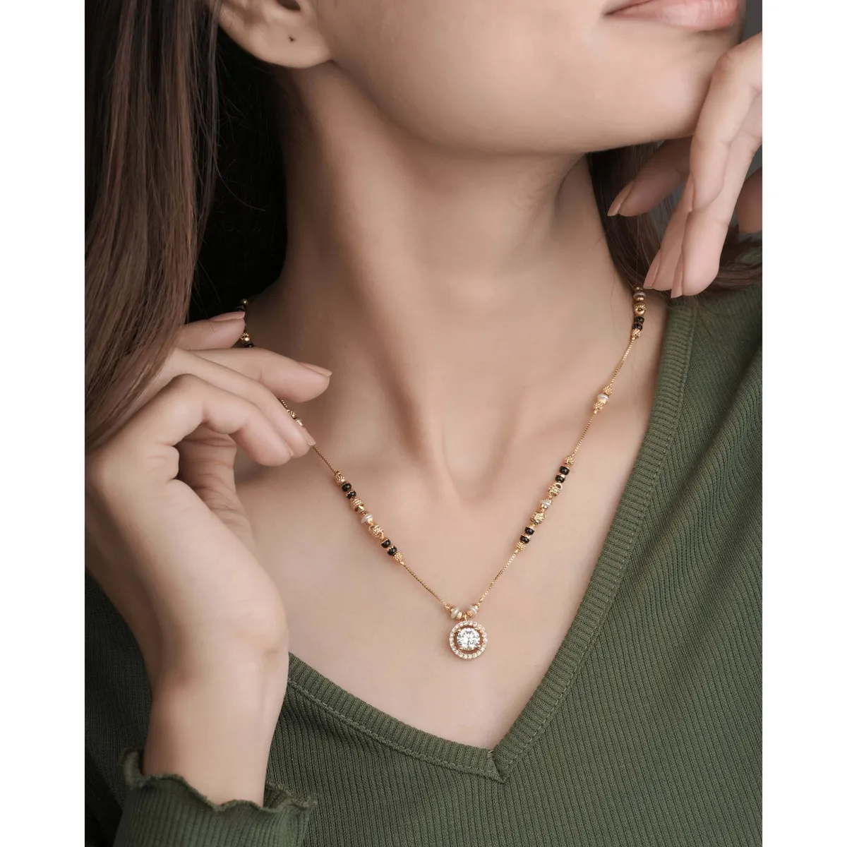 Buy 1 Get 1 Free -Classic Round Solitaire Crystal Gold Finish Black Bead Mangalsutra