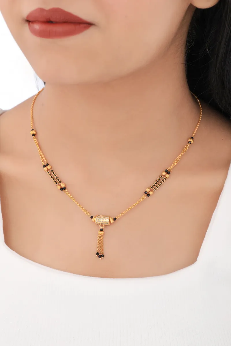 Buy 1 Get 1 Free - Cylinder CZ Tassel Mangalsutra | Dual Chain Black Beads Gold Necklace