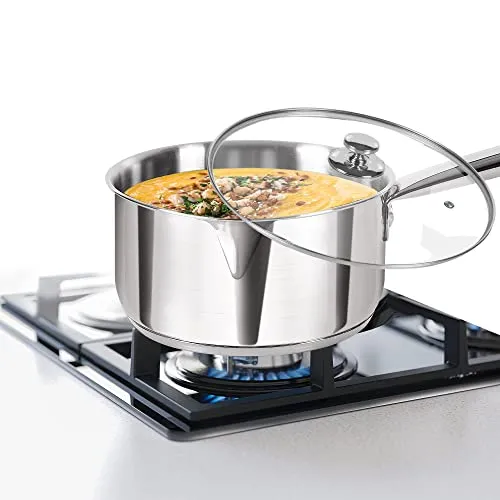 Milton Pro Cook Stainless Steel Sandwich Bottom Induction Sauce/Tea Pan with Glass Lid, 14 cm / 1.2 litres, Steel Plain | Dishwasher Safe | Flame Safe | Gas Stove Safe | Hot Plate Safe | SS Handle