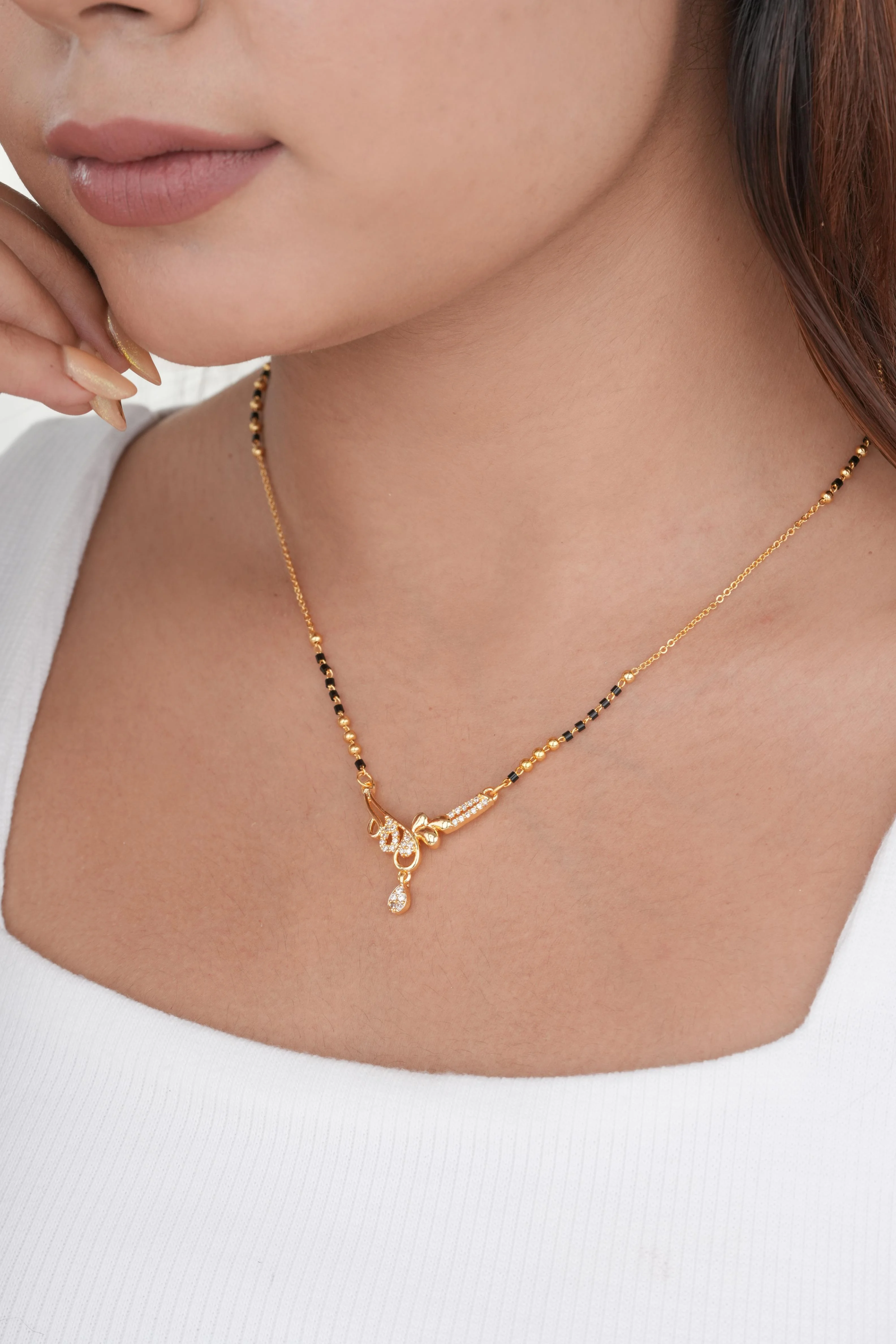 Buy 1 Get 1 Free - Gold Finish Asymmetric Crystal Bar Drop Mangalsutra