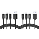 Ambrane Unbreakable 3 in 1 Fast Charging Braided Multipurpose Cable for Speaker with 2.1 A Speed - 1.25 meter, Black (Pack of 2)