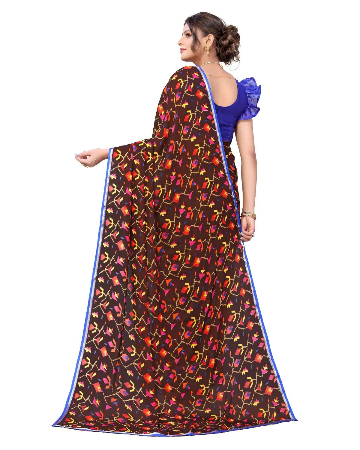 Tarshika Women's Brown Floral Printed Georgette Saree with lace border(RAVAN BROWN_W_Free Size) - image 3