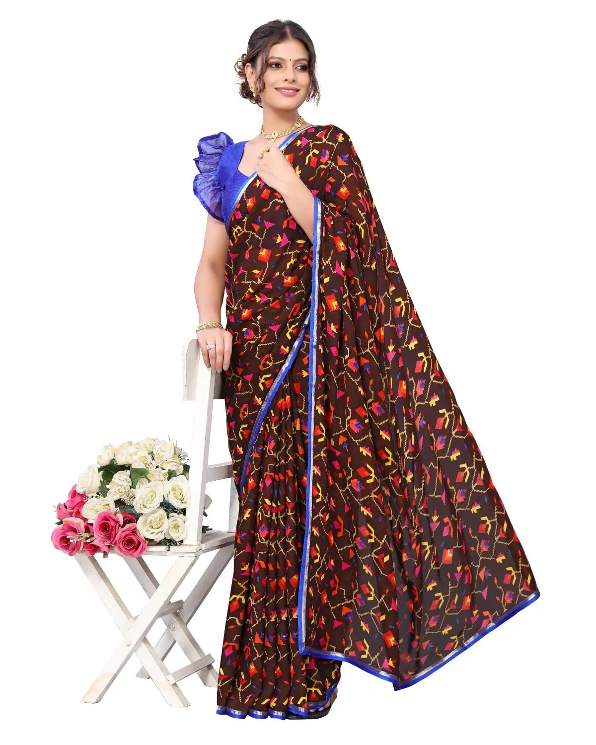 Tarshika Women's Brown Floral Printed Georgette Saree with lace border(RAVAN BROWN_W_Free Size) - image 4