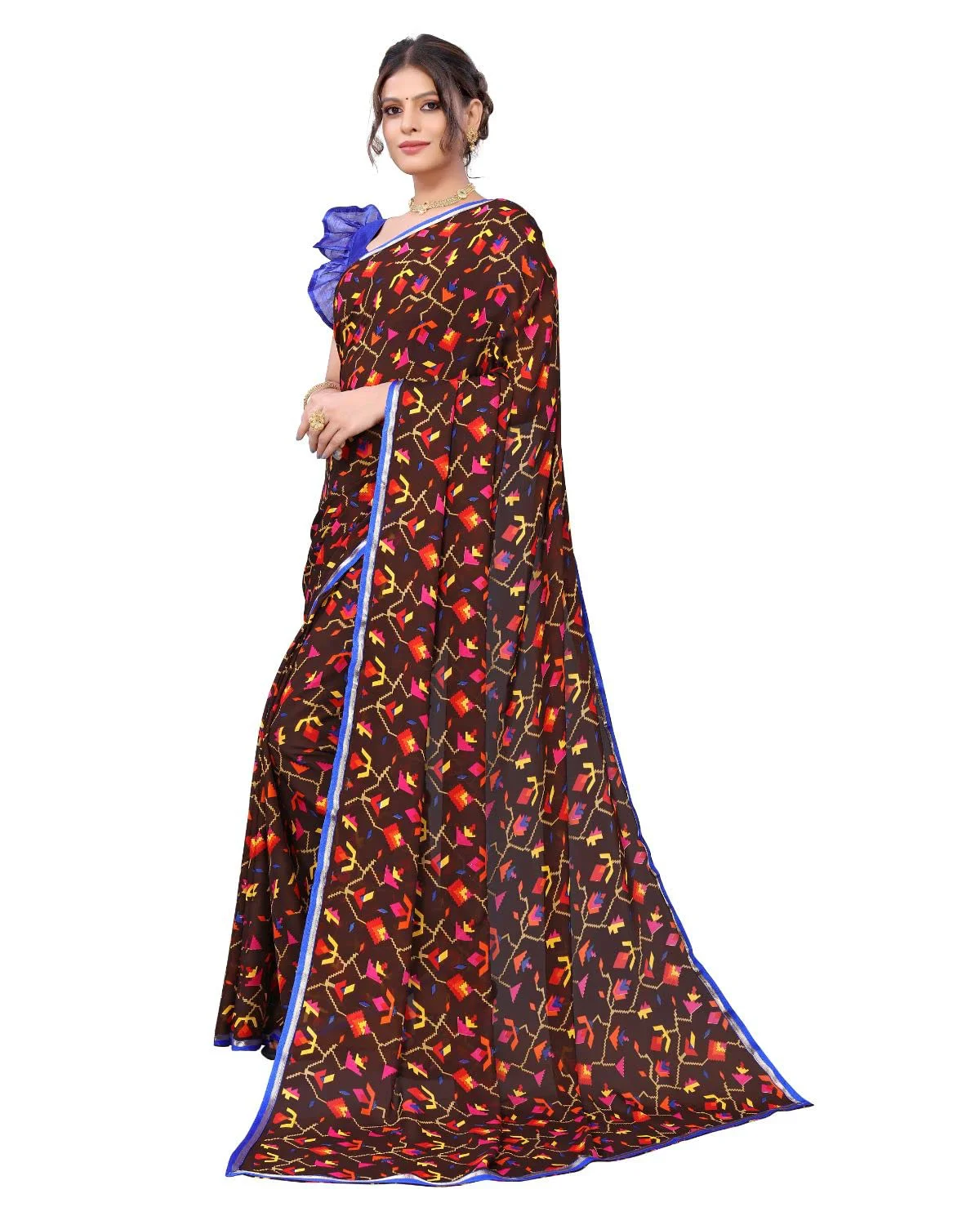 Tarshika Women's Brown Floral Printed Georgette Saree with lace border(RAVAN BROWN_W_Free Size) - image 5