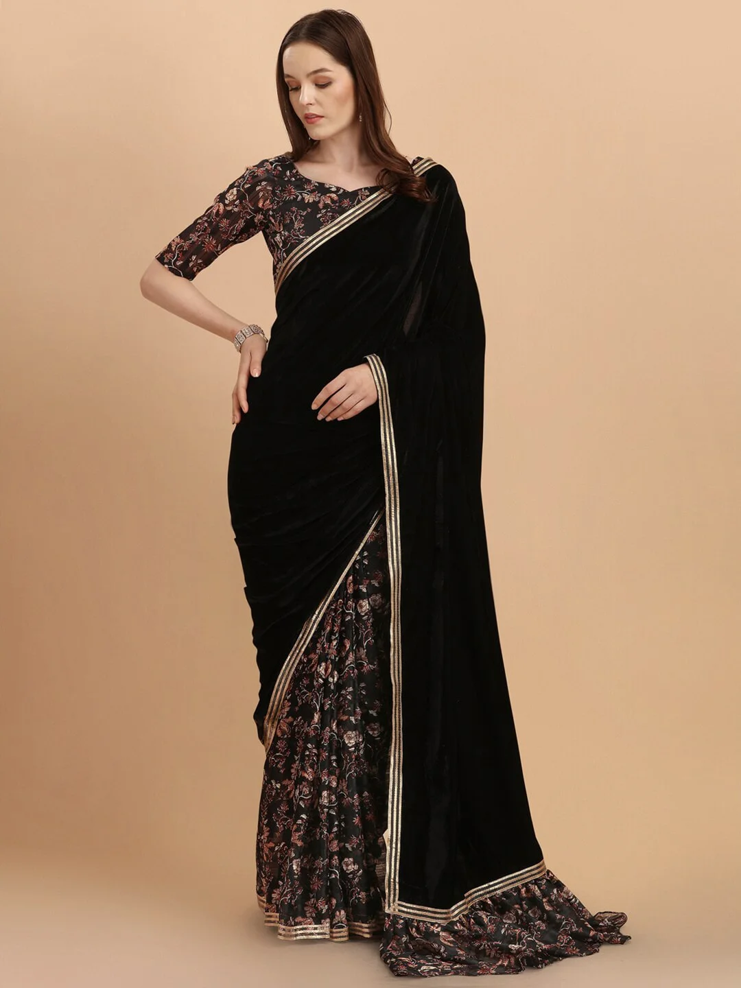 Black Floral Gotta Patti Velvet Saree