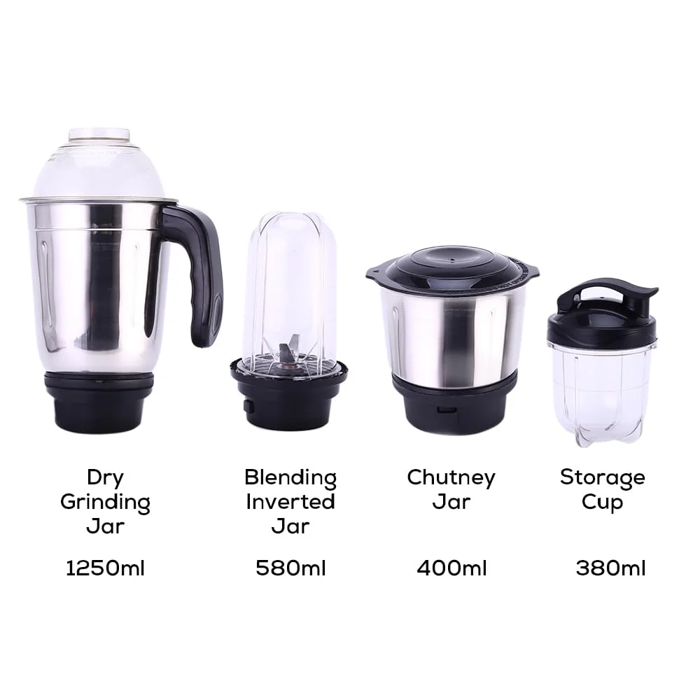 Wonderchef Acura Blender Pro Mixer Grinder 500W, 230V~50Hz, 4 Jars(2 Stainless Steel + 2 Polycarbonate Jars), Black & Blue, 2 Years Warranty by Wonderchef - image 3