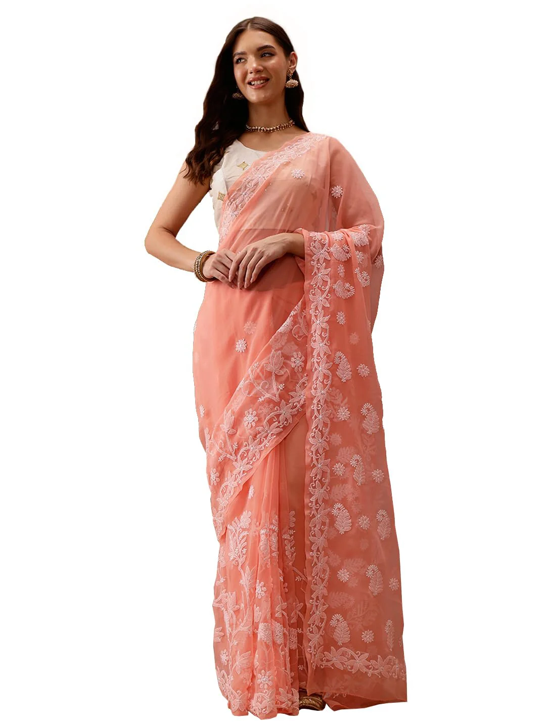 Ada Latest Chikan Peach Georgette Fancy Saree Blouse With Designer Embroidered Motifs A130092