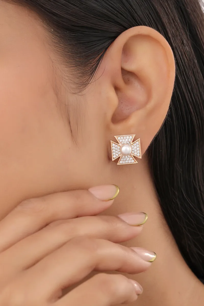 Buy 1 Get 1 Free -American Diamond Rose Gold And Silver Plated  Delicate Design Earrings Tops