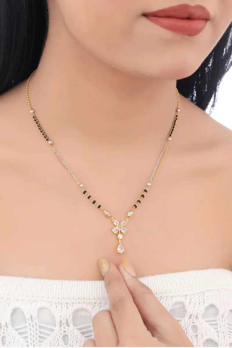 Buy 1 Get 1 Free - Butterfly Drop CZ Mangalsutra | Dual Tone Chain with Black Beads