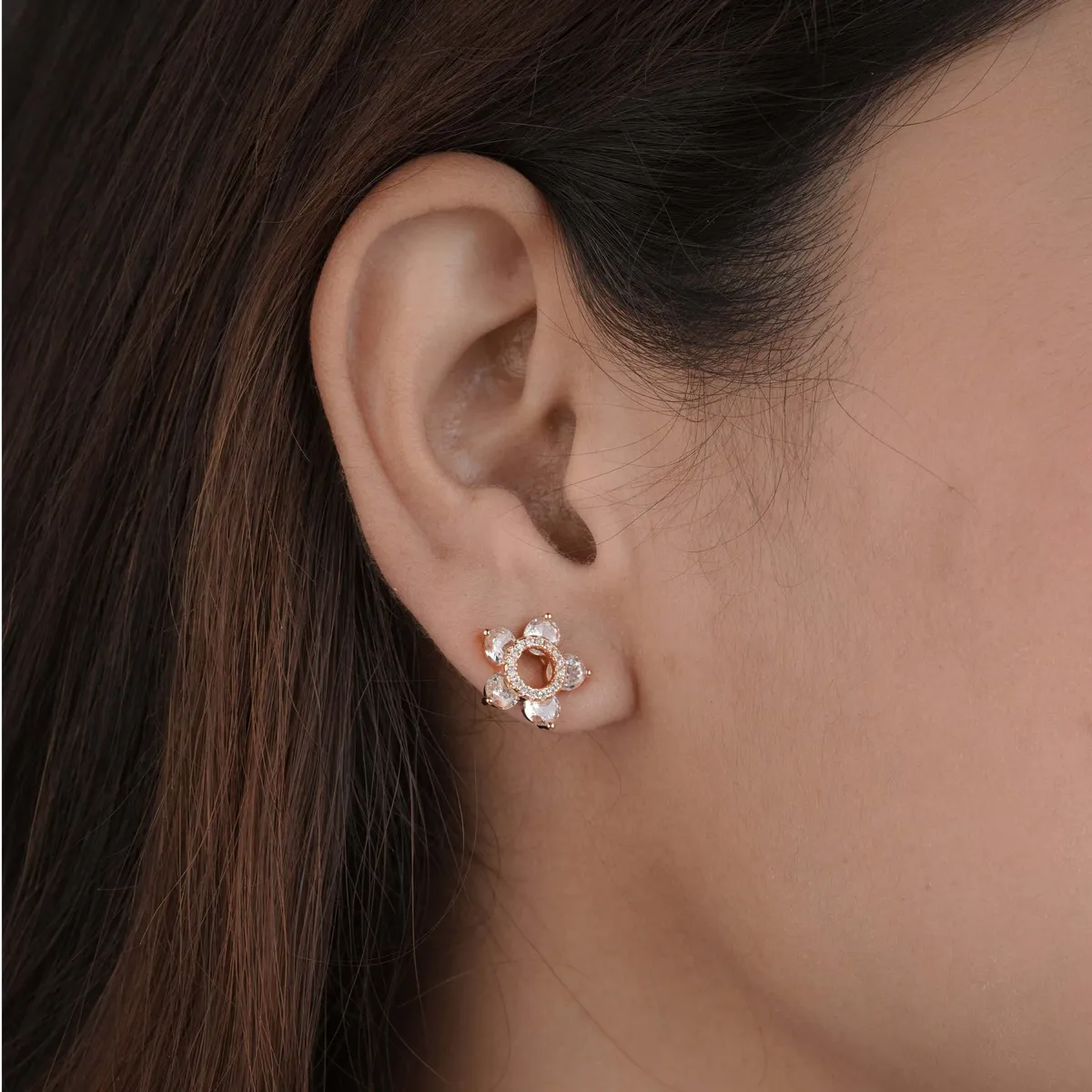 Buy 1 Get 1 Free -American Diamond flower rose gold fancy Earrings.